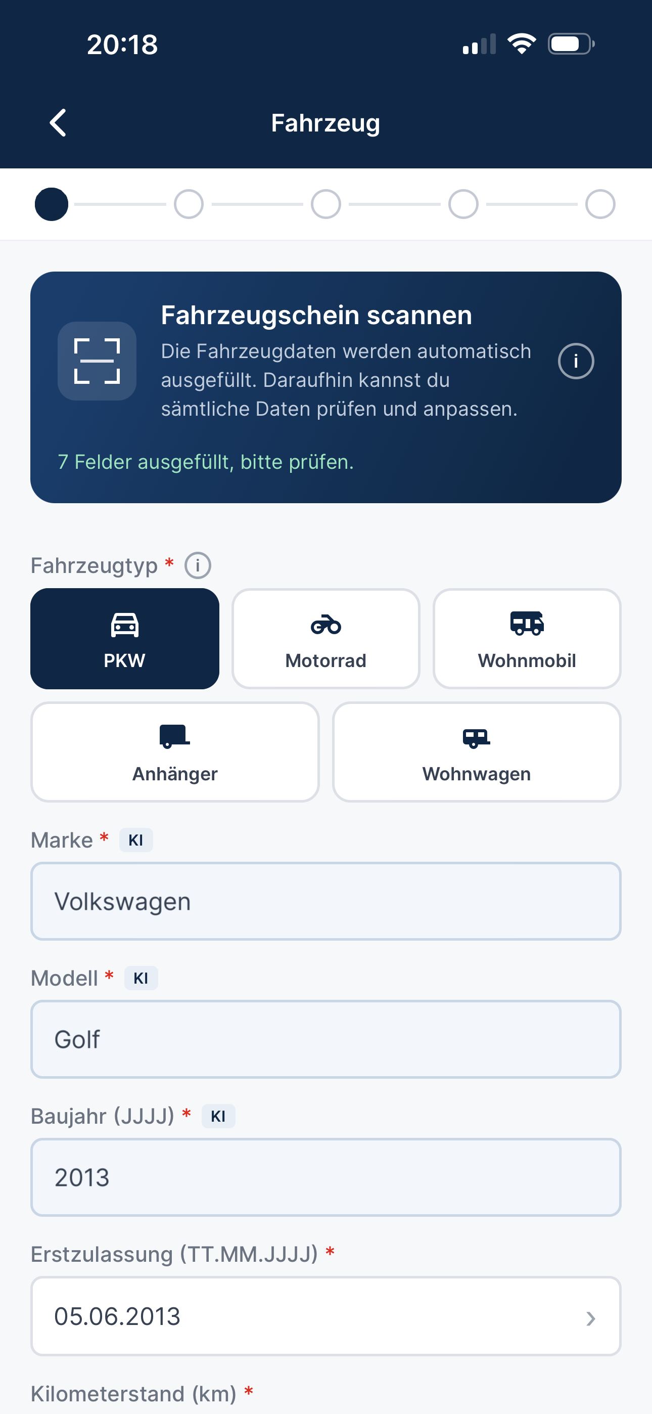 App-Screen: Fahrzeugdaten