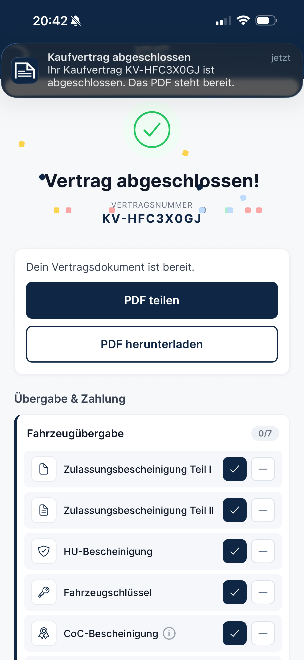 App-Screen: Vertrag abgeschlossen